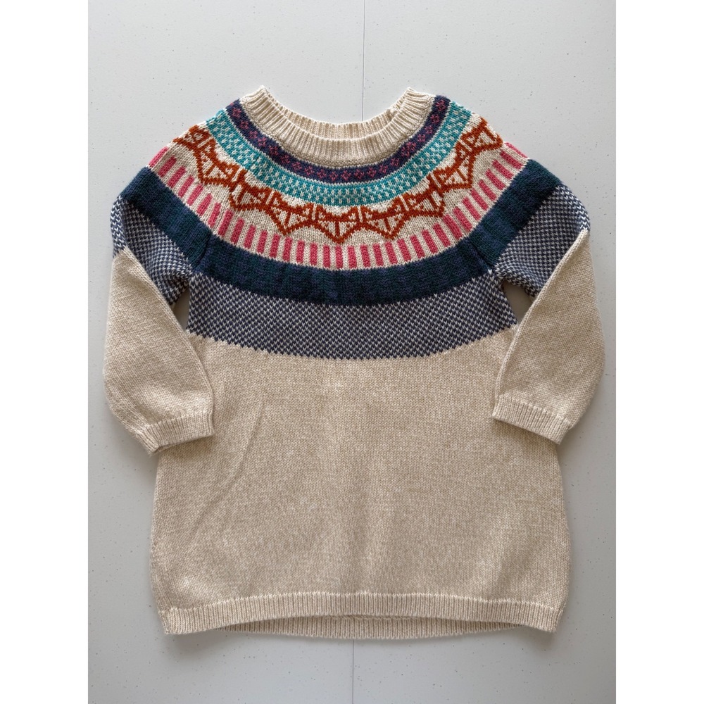 Tea Girls Sweater Dress Size 2 Oatmeal Fair Isle 100% Cotton Fall Winter